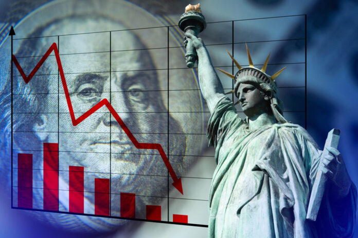 The,Statue,Of,Liberty,,A,Dollar,Bill,,And,A,Falling
